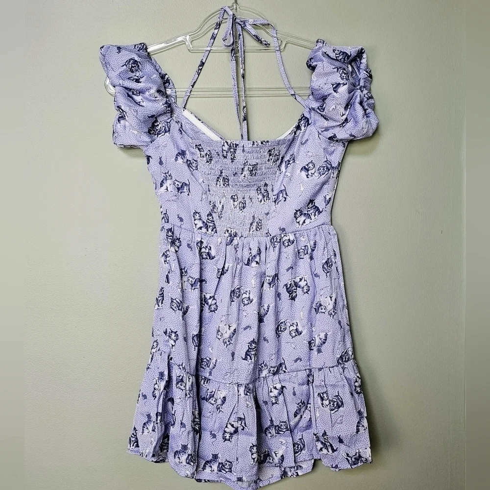 Kimchi Blue Courtney Cold Shoulder Mini Ruffle Halter Dress, Blue Cats Multi, S